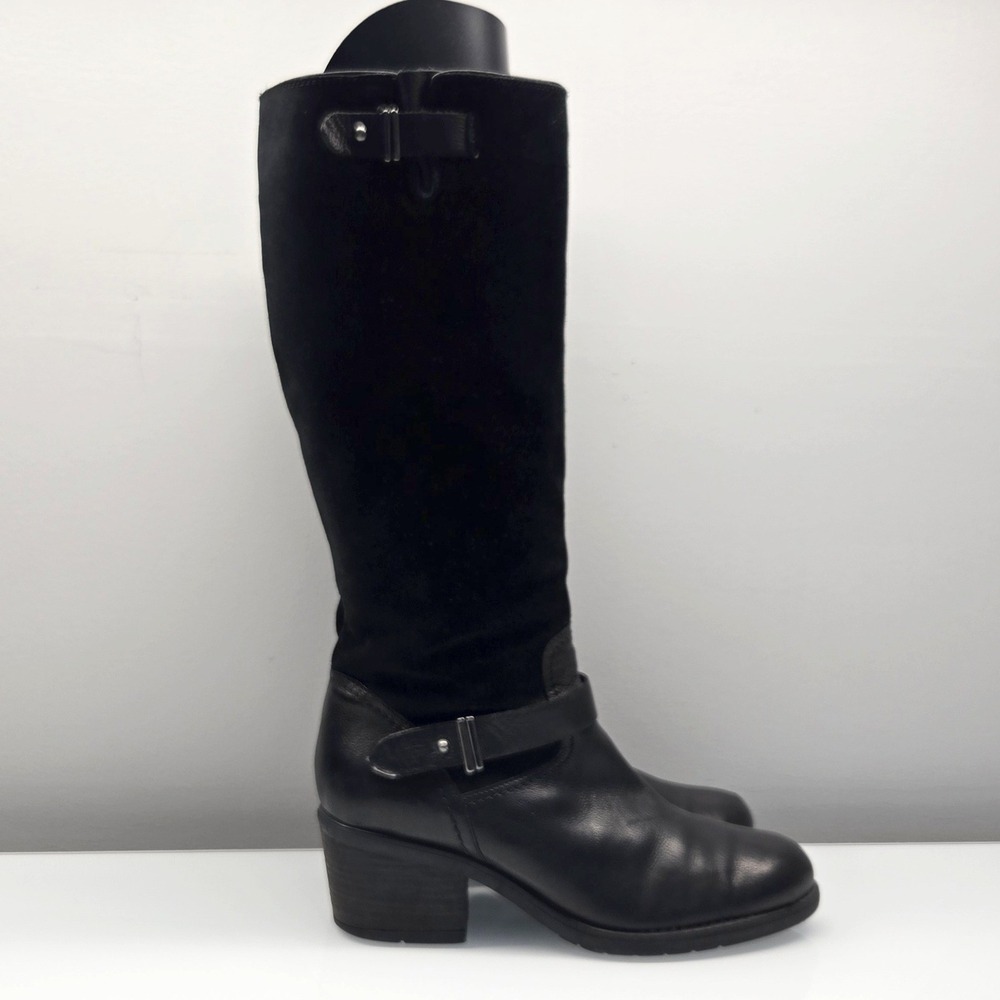Clarks Knee High Riding Boots 9.5M Leather Suede Harness Buckle Equestrian Moto